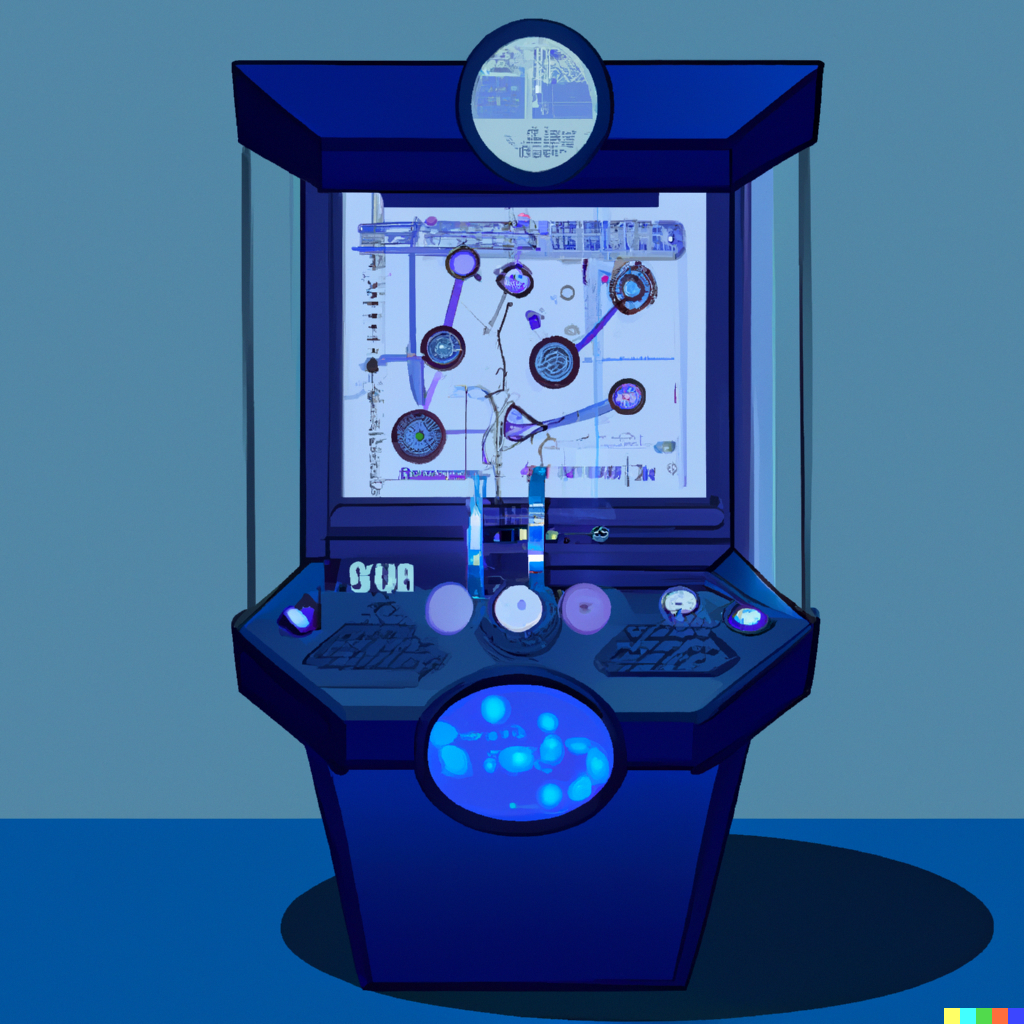  Imagen en la que se ve una máquina azul, similar a las de juego, que simula que predice el futuro
