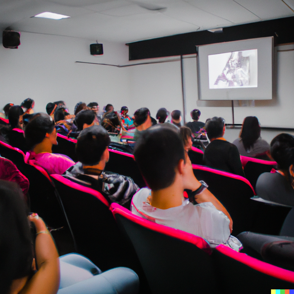 Jóvenes sentados en una sala de presentaciones observando un vídeo sobre la  IA