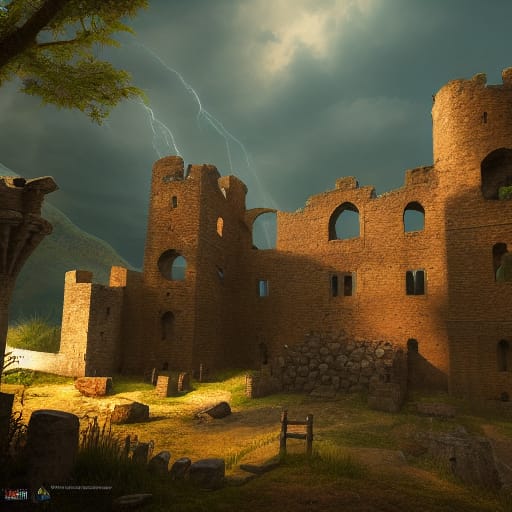 Ruinas de un castillo en una noche con tormentas creada con Nightcafe