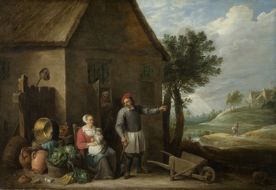 Campesinos junto a la puerta de su granja