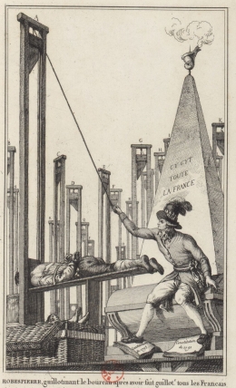 Caricatura sobre Robespierre y la guillotina