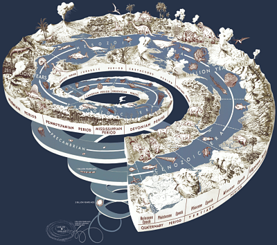  Esta espiral muestra la evolución de las eras geológicas a lo largo del tiempo.