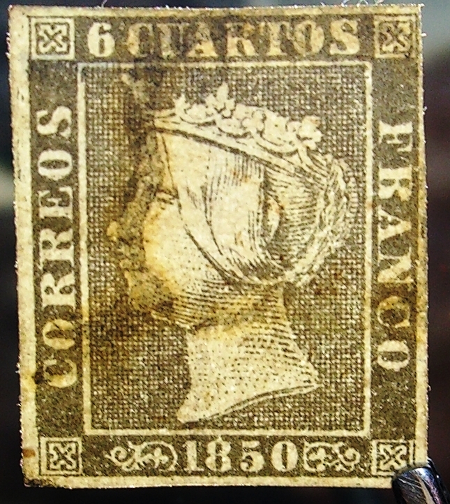 Sello con una imagen de una reina de 6 cuartos, que indica Franco y 1850