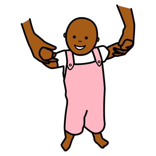 En la imagen aparece un bebé cogido de las manos aprendiendo a andar.