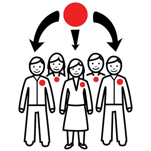 En la imagen aparecen un grupo de personas con algo en común: un punto rojo en sus pechos a 