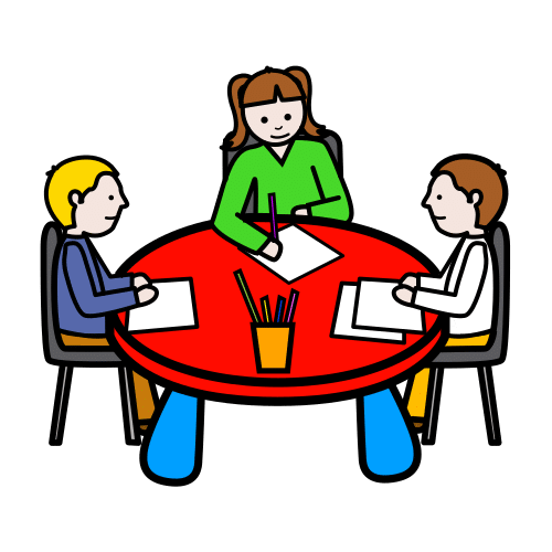 En la imagen aparece un grupo de tres alumnos/as sentados en una mesa redonda y trabajando con unos folios.