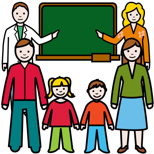 En la imagen aparecen un maestro y una maestra, un padre y una madre y un niño y una niña con una pizarra de fondo.
