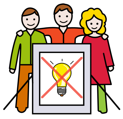 En la imagen aparecen tres personas unidas detrás de un cartel con una bombilla tachada.
