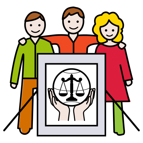En la imagen aparecen tres personas diferentes detrás de un escudo con unas manos sujetando la balanza de la justicia.