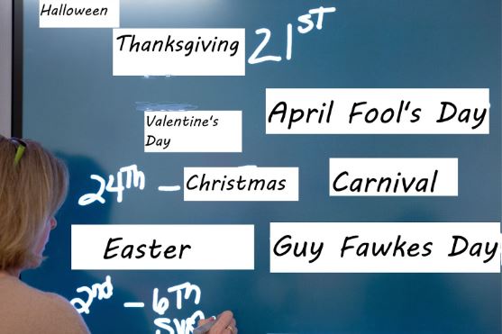 Thanksgiving, Valentine's Day, Carnival, Christmas, Easter, Halloween, April Fool's Day, and Guy Fawkes Day.