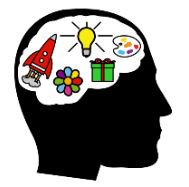 La imagen muestra el perfil de una persona en negro y el cerebro de blanco. Dentro del cerebro se ve un cohete, una bombilla, una paleta con colores, una caja sorpresa y una flor de colores.