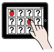 En la imagen aparece una tablet con tarjetas con signos de interrogación, excepto dos que están dadas la vuelta y son manzanas. Un dedo toca las tarjetas.