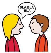 La imagen muestra dos personas hablando de perfil con un bocadillo en medio donde aparece escrito “bla, bla, bla!.