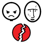 La imagen muestra tres imágenes que representan adjetivos: enfadado, feo, roto.