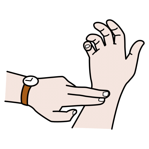 La imagen muestra los la mano izquierda con un reloj tomando el pulso en la muñeca de la mano derecha.