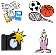 La imagen muestra unos cromos, una pelota de fútbol, otra de baloncesto y una raqueta, una cámara de fotos y una persona haciendo yoga.