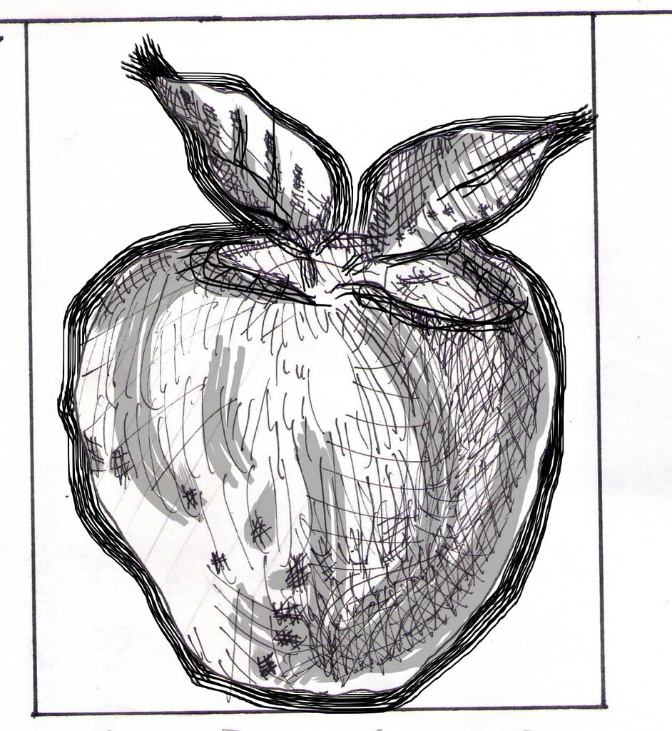 La imagen muestra el dibujo de una manzana hecha a carboncillo.