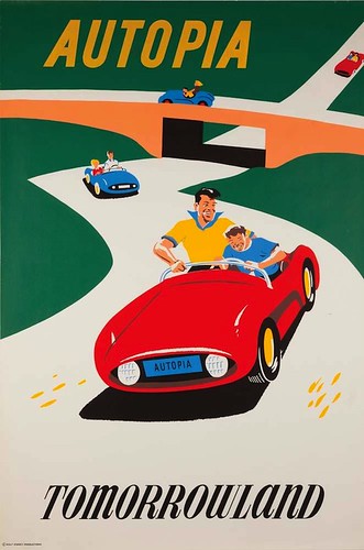 La imagen muestar un póster con colores brillantes que representa una autopista, con coches rojos y azules.