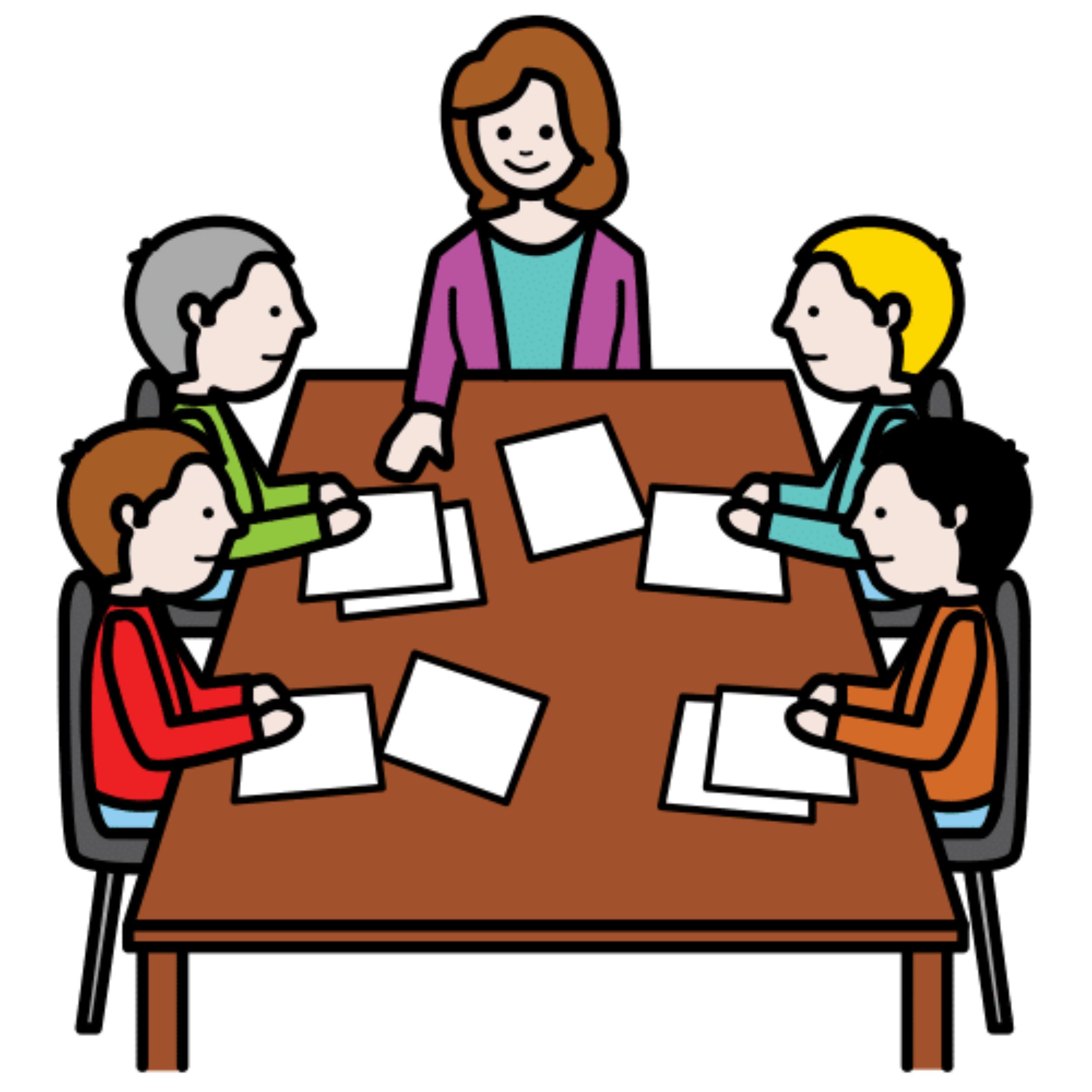La imagen muestra a cinco personas alrededor de una mesa con folios encima.
