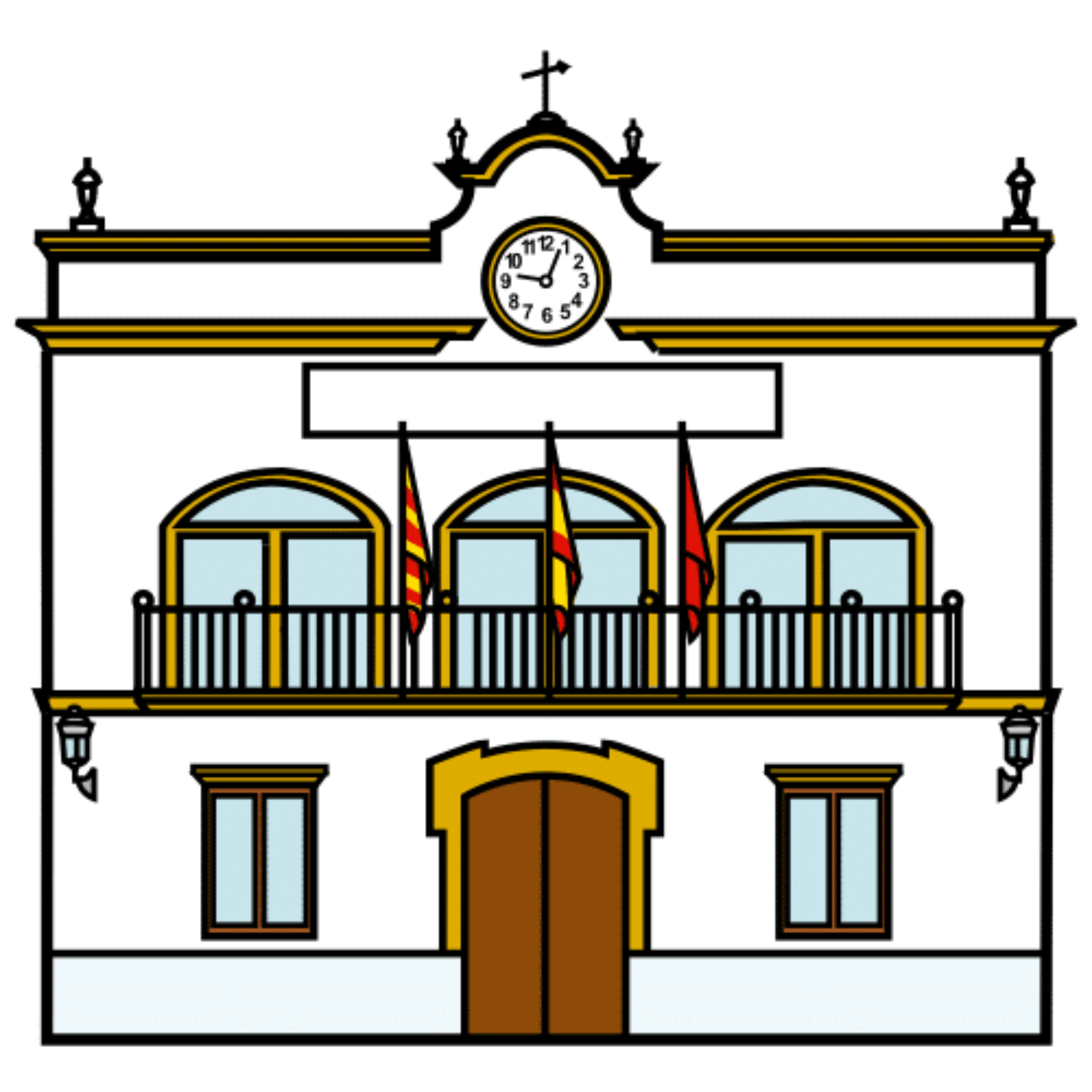 La imagen muestra el edificio de un ayuntamiento con reloj arriba y banderas en el balcón.
