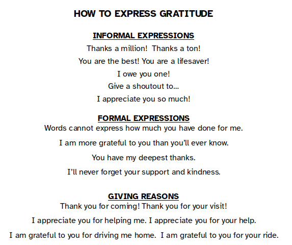 INFORMAL EXPRESSIONS  Thanks a million! Thanks a ton!    You are the best! You are a lifesaver!    I owe you one!    Give a shoutout to…    I appreciate you so much!  FORMAL EXPRESSIONS Words cannot express how much you have done for me.  I am more grateful to you than you’ll ever know.  You have my deepest thanks.   I’ll never forget your support and kindness.   GIVING REASONS Thank you for coming! Thank you for your visit!  I appreciate you for helping me. I appreciate your help.   I am grateful to you for driving me home. I am grateful to