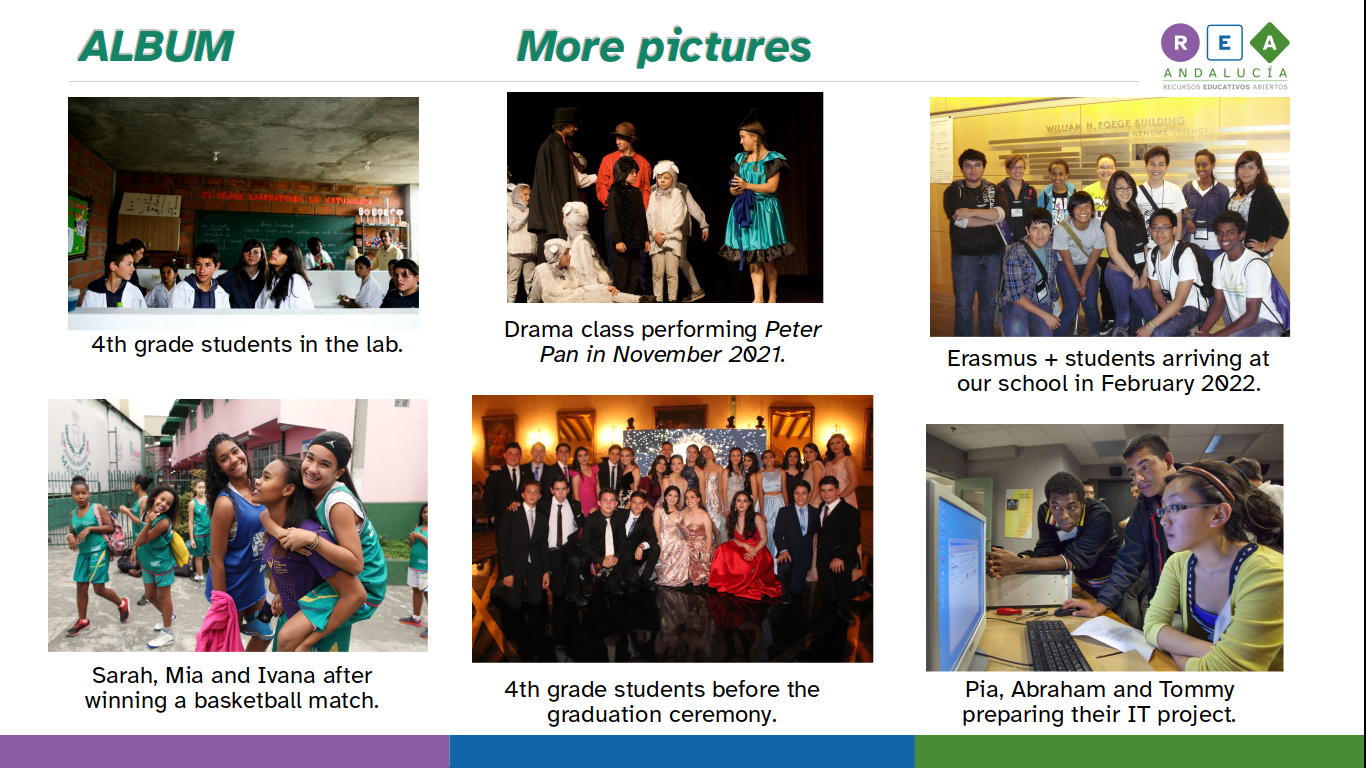 Picture 1: 4th grade students in the lab. Picture 2: Drama class performing Peter Pan in November 2021. Picture 3: Erasmus + students arriving at our school in February 2022. Picture 4: Sarah, Mia and Ivana after winning a basketball match. Picture 5: 4th grade students before the graduation ceremony. Picture 6: Pia, Abraham and Tommy preparing their IT project.