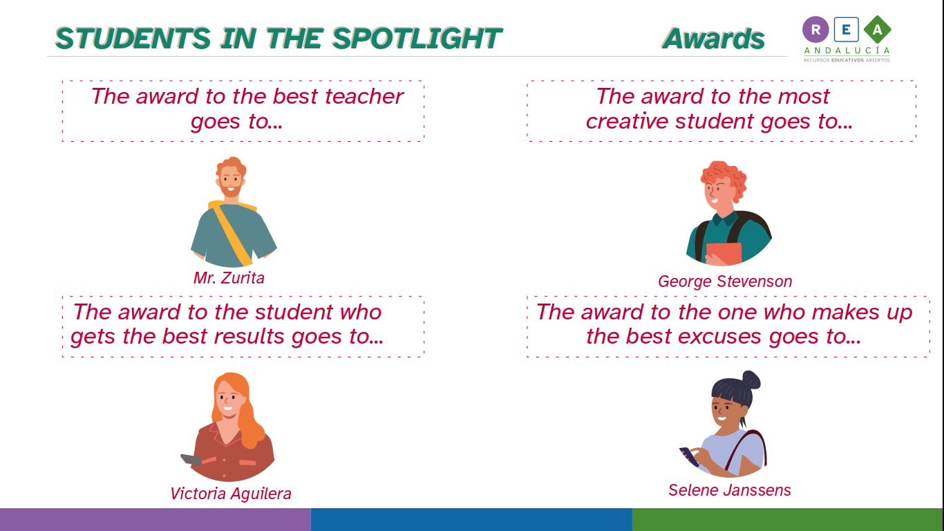 The award to the best teacher goes to...Mr. Zurita. The award to the most creative student goes to...George Stevenson. The award to the student who gets the best results goes to…Victoria Aguilera. The award to the one who makes up the best excuses goes to...Selene Janssens.	