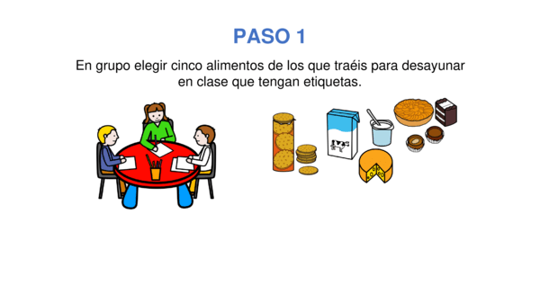 PASO 1. En grupo elegir cinco alimentos de los que traéis para desayunar en clase que tengan etiquetas.