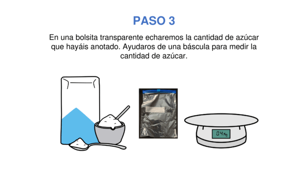 PASO 3. En una bolsita transparente echaremos la cantidad de azúcar que hayáis anotado. Ayudaros de una báscula para medir la cantidad de azúcar.