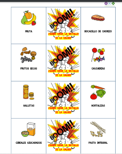 Página del juego la batalla saludable, con un alimento en una columna, la imagen de una explosión en el medio y un alimento en otra columna. 