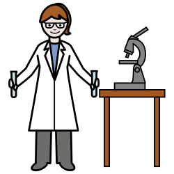 Ilustración de una mujer con bata, sujetando un tubo de ensayo en cada mano, al lado de un microscopio,. Ilustración de una mujer con bata, sujetando un tubo de ensayo en cada mano, al lado de un microscopio,.