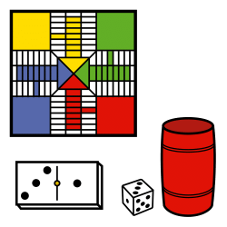  Imagen con un tablero de parchís, una ficha de dominó, un cubilete y un dado.     