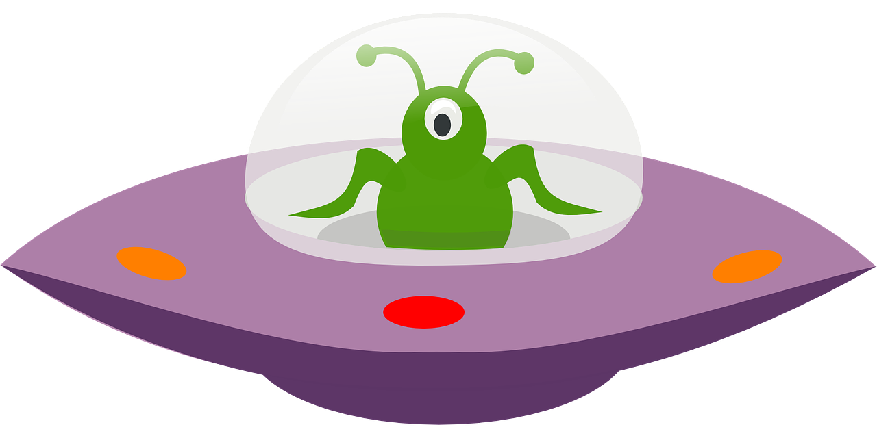 Dibujo de platillo volante con extraterrestre en el espacio.