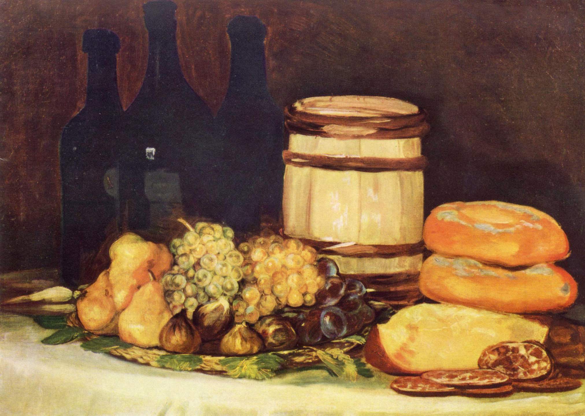 Bodegón con un plato de frutas, embutis vino y un barril