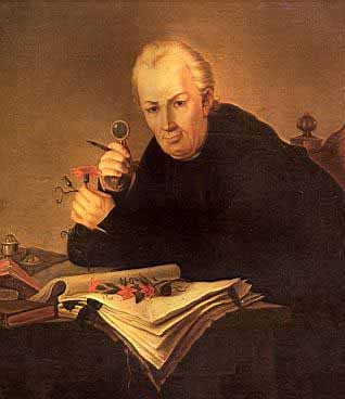José Celestino Mutis observando una flor con su lupa