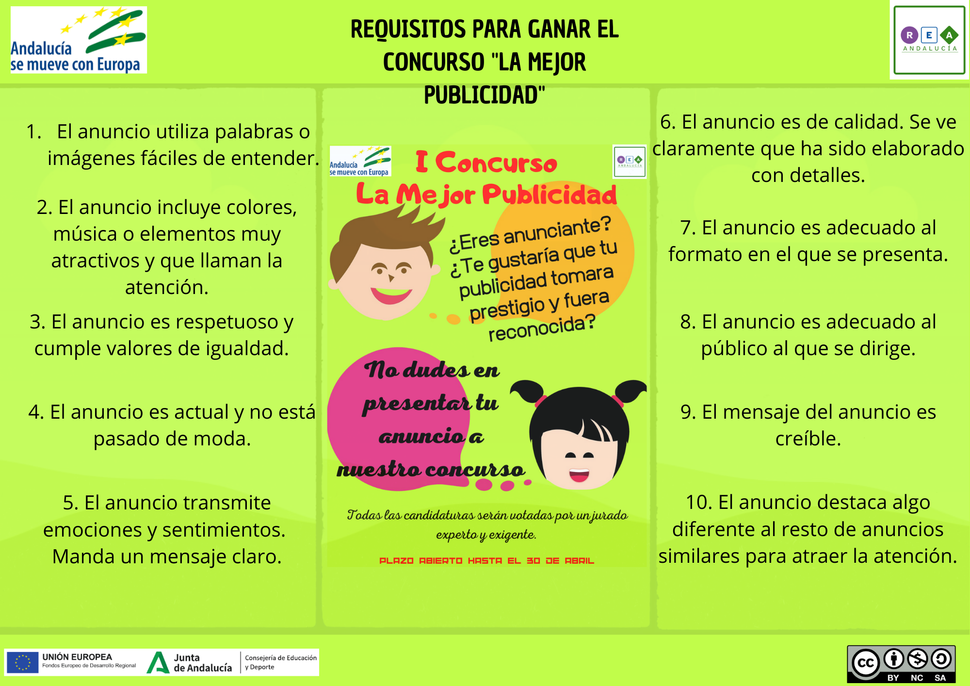 Tres columnas indicando los requerido para participar en un concurso.
