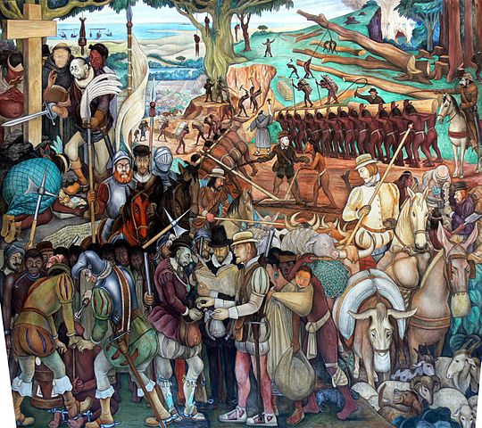 Mural de Rivera que muestra el trato que dispensaron los conquistadores a las poblaciones indígenas americanas
