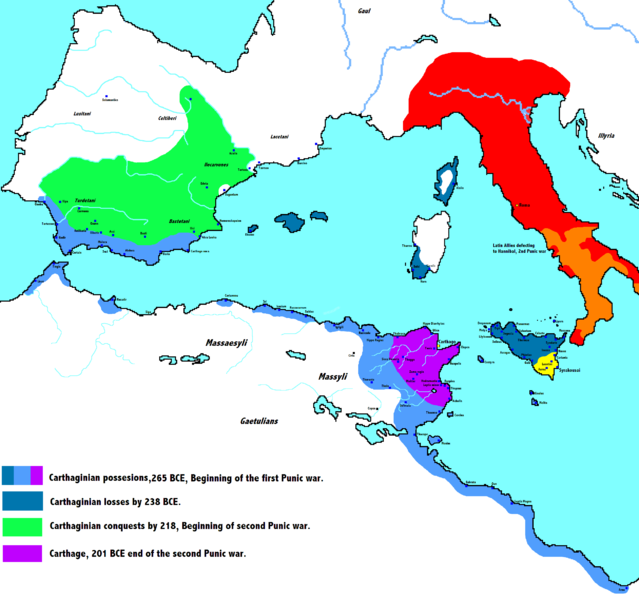 Mapa con la evolución de las posesiones de Cartago y Roma durante las guerras púnicas