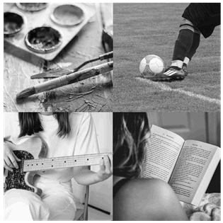  La imagen muestra cuatro aficiones distintas: pintar, jugar al fútbol, tocar la guitarra y leer.