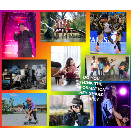 La imagen muestra ocho fotografías de distintos jóvenes cada uno de ellos practicando una afición distinta: vídeojuegos, aire libre, música, pintura, baile, deporte, skate, fotografía y cantar.