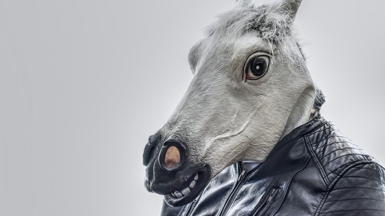 La imagen muestra a una persona que tiene su cara tapada con un disfraz de cabeza de caballo.
