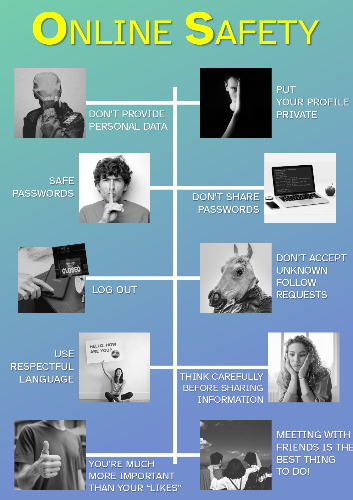 La imagen muestra una línea larga vertical cruzada por cinco líneas cortas transversales al final de las cuales, a derecha e izquierda, aparece una fotografía junto a una breve frase en relación a un consejo sobre la seguridad en Internet. 