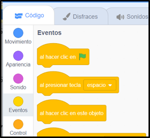 Botones de colores que representan las categorías en Scratch