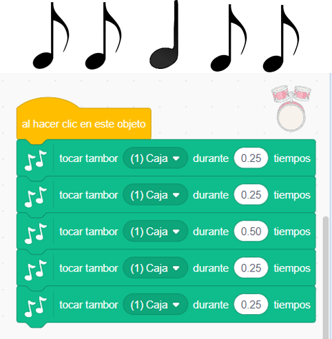 Ejemplo de programa de Scratch con el que se reproduce un ritmo.