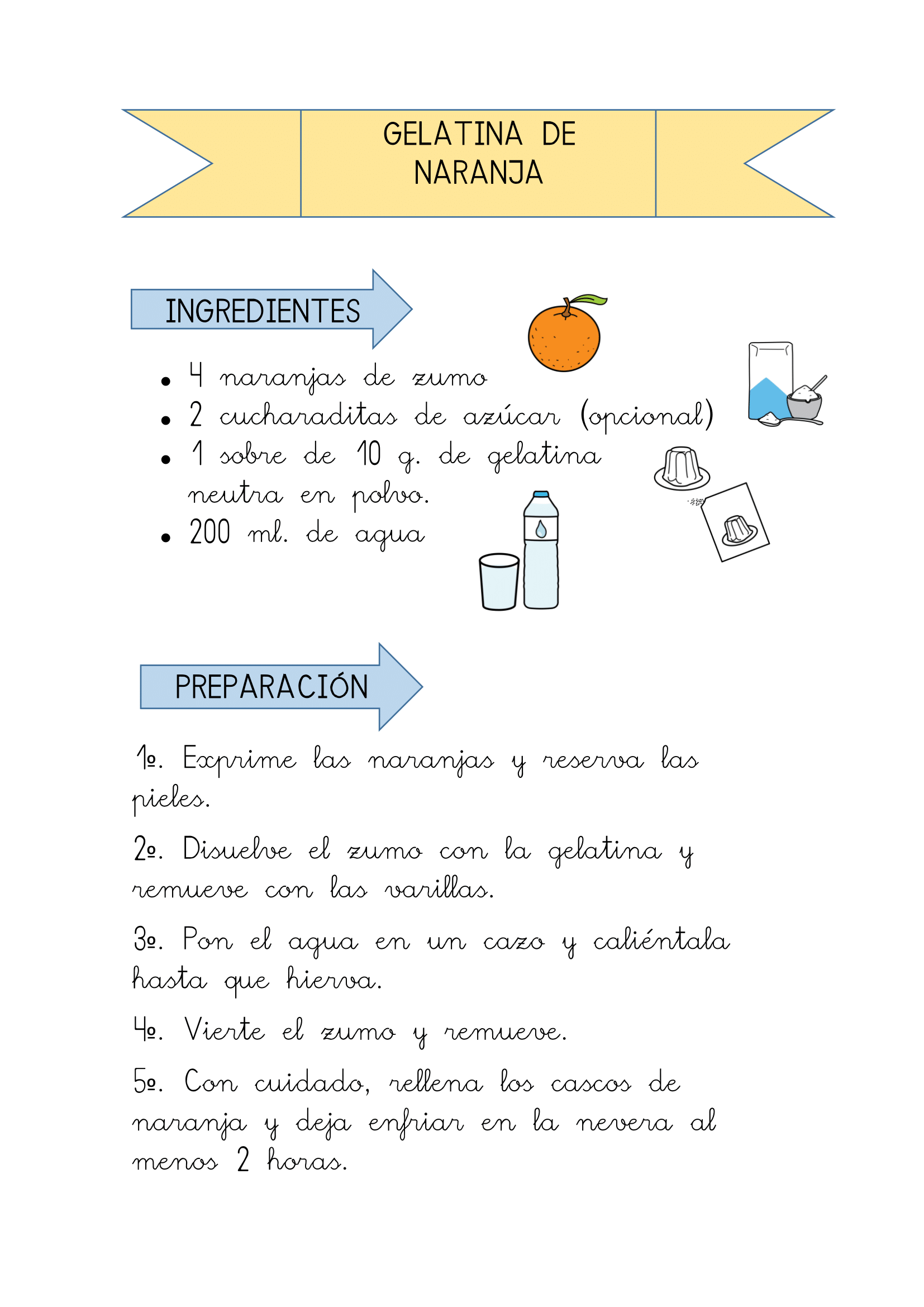 Gelatina de naranja. 

Ingredientes.

Cuatro naranjas de zumo
Dos cucharaditas de azúcar, opcional.
Un sobre de diez gramos de gelatina neutra en polvo. 
Doscientos mililitros de agua

Preparación.

Primero. Exprime las naranjas y reserva las pieles.
Segundo. Disuelve el zumo con la gelatina y remueve con las varillas.
Tercero. Pon el agua en un cazo y caliéntala hasta que hierva.
Cuarto. Vierte el zumo y remueve.
Quinto. Con cuidado, rellena los cascos de naranja y deja enfriar en la nevera al menos dos horas.
