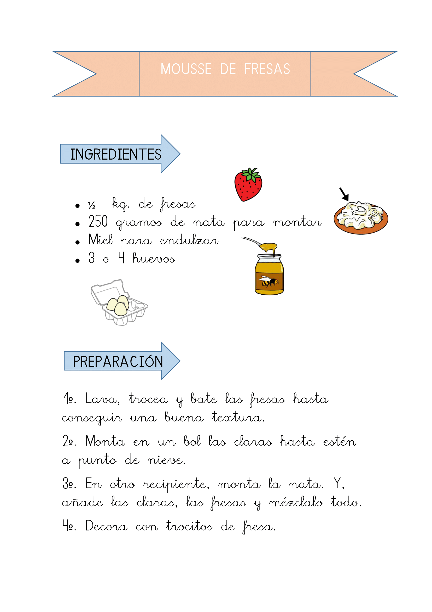 Mousse de fresas.

Ingredientes.

Medio kilogramo de fresas
250 gramos de nata para montar 
Miel para endulzar 
3 o 4 huevos 

Preparación. 

Primero. Lava, trocea y bate las fresas hasta conseguir una buena textura.
Segundo. Monta en un bol las claras hasta que estén a punto de nieve.
Tercero. En otro recipiente, monta la nata y añade las claras, las fresas y mézclalo todo.
Cuarto. Decora con trocitos de fresa.
