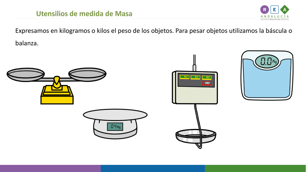 Utensilios de medida de masa. 
Expresamos en kilogramos o kilos el peso de los objetos. Para pesar objetos utilizamos la báscula o balanza.
