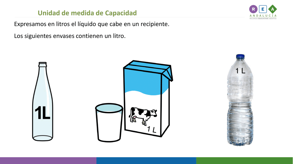 Unidad de medida de capacidad.
Expresamos en litros el líquido que cabe en un recipiente.
Los siguientes envases contienen un litro.
Una botella de cristal de un litro, un brick de leche de un litro, una botella de plástico de agua de un litro. 
