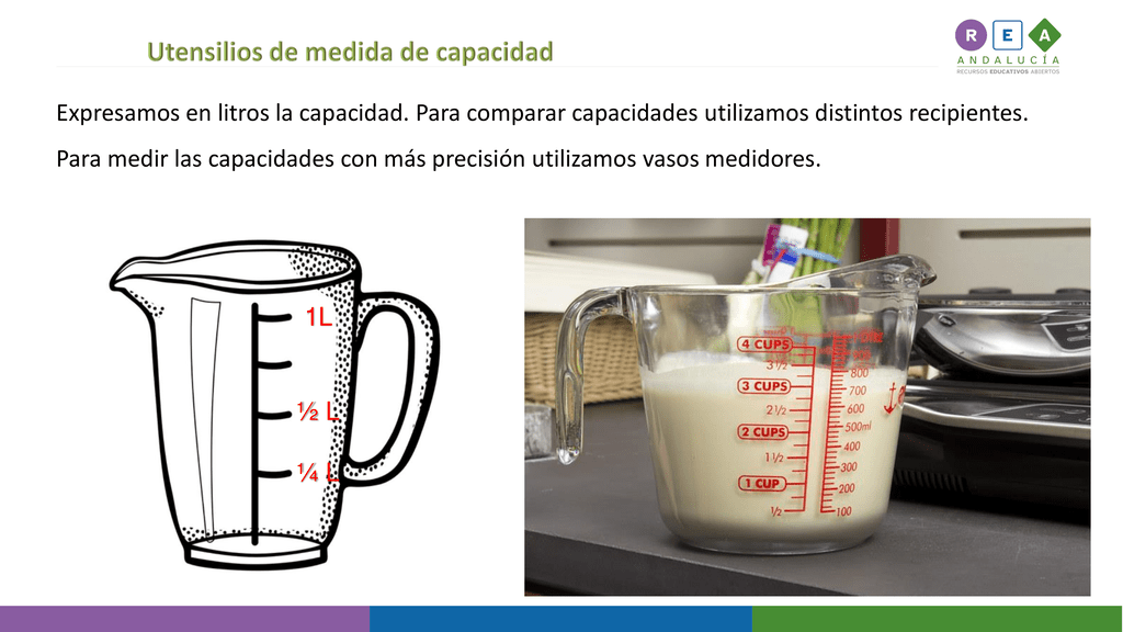 Utensilios de medida de capacidad.
Expresamos en litros la capacidad. Para comparar capacidades utilizamos distintos recipientes. Para medir las capacidades con más precisión utilizamos vasos medidores.
