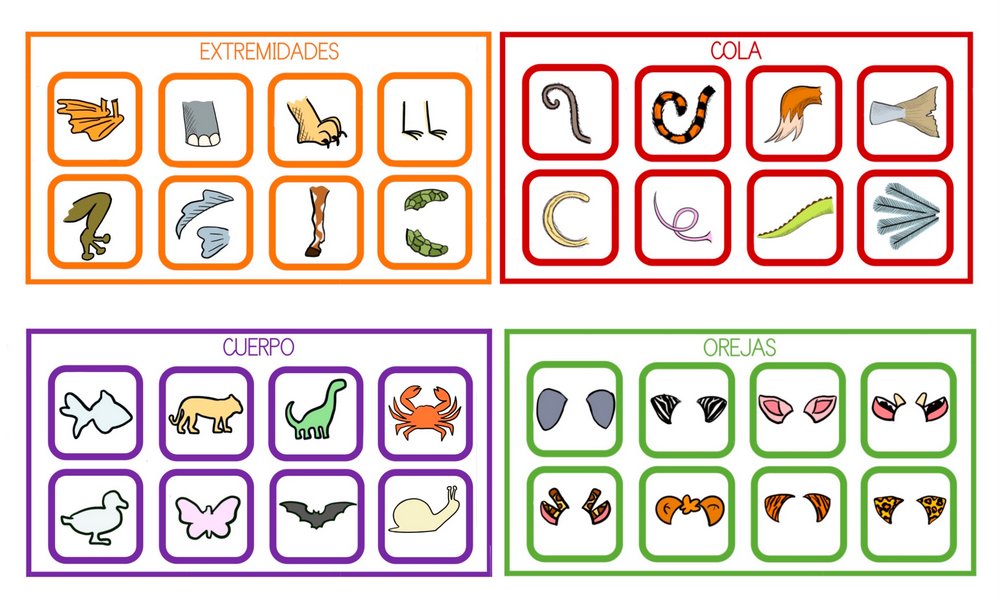 Plantilla con diferentes extremidades, colas, cuerpos y orejas de animales. 